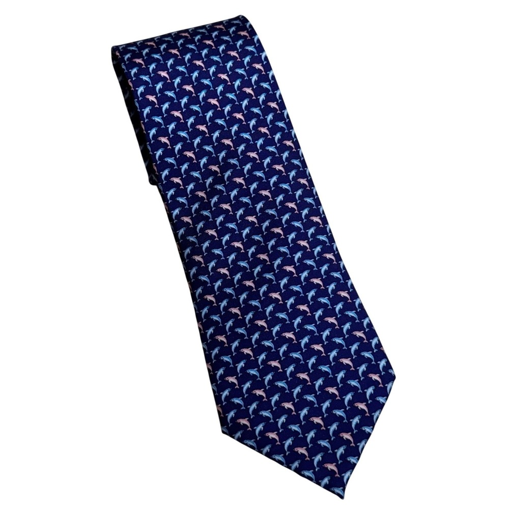 IZOD Mens Silk‎ Necktie Navy Blue Pink Blue Dolphin Animal Print Nautical Tie